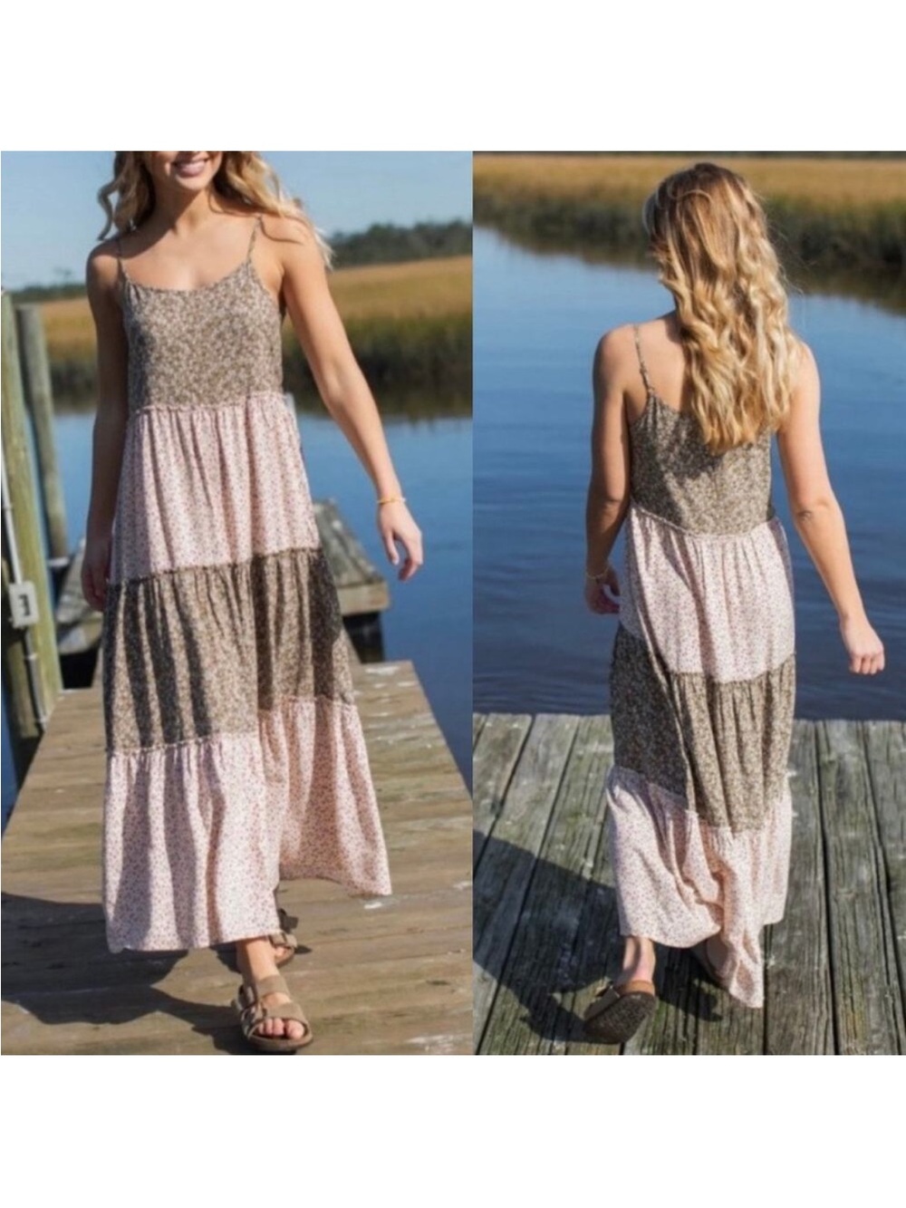 Natural Life Kaia Boho Cottagecore Mixed Floral Print Tiered Maxi Dress• Medium - Picture 2 of 7